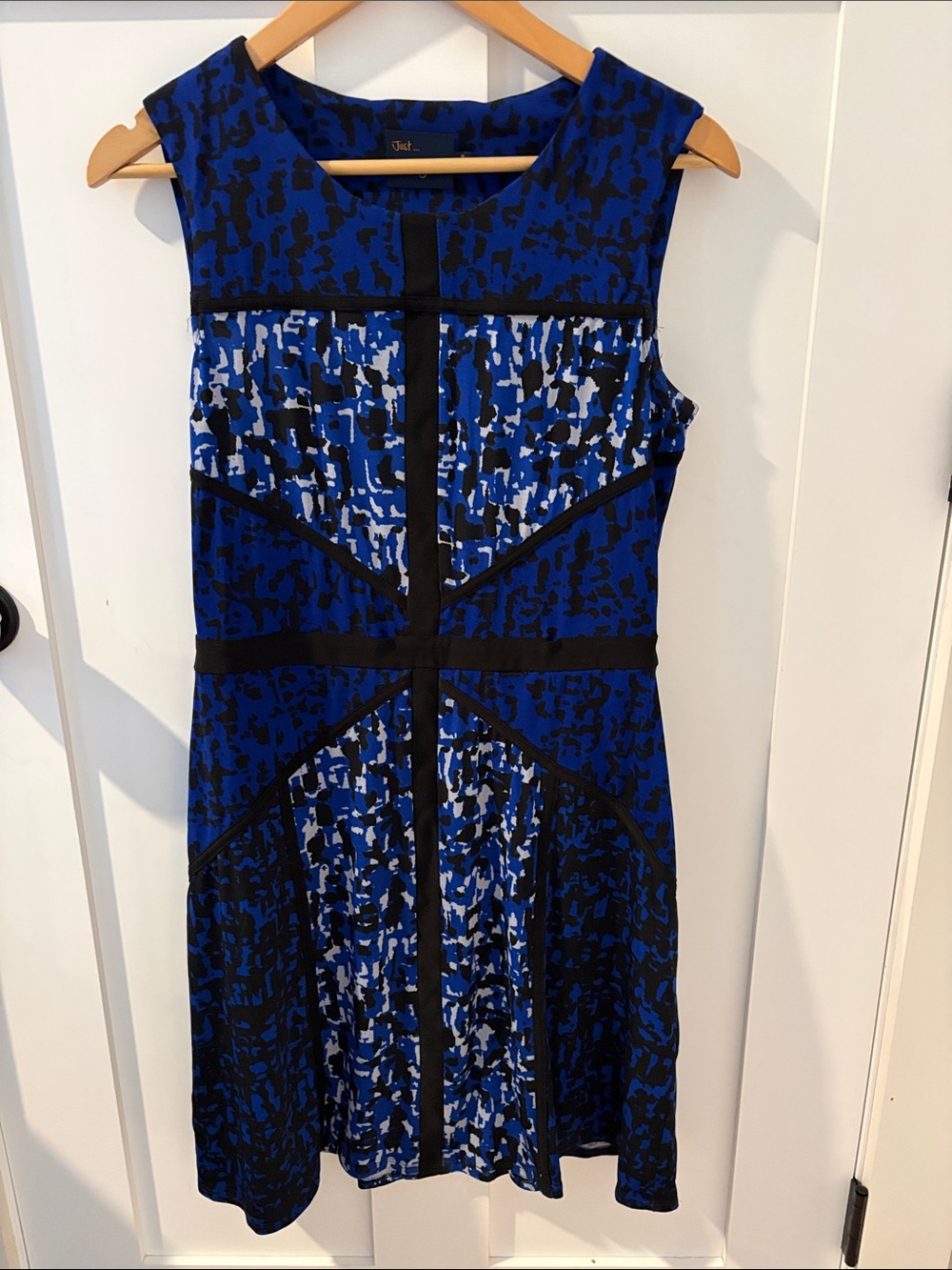 Just...Taylor Blue, Black & White Patterned Sleeveless Fit-and-Flare Dress